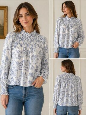 Maison Cinqcent High-Neck Toile feminine Blouse in Blue and White - sz sm